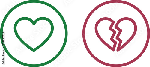 Two circular icons featuring a green healthy heart and a red fractured broken heart symbol