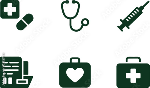 Essential medical equipment icons featuring a stethoscope syringe pill first aid kit and patient document folders