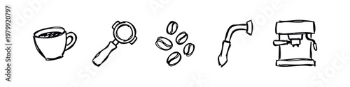Hand-Drawn Coffee Icons: Cup, Portafilter, Beans, Tamper, Machine