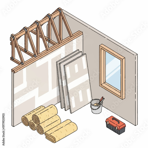 Construction of a new room with building materials and tools.
