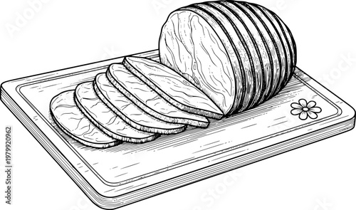 Hand Drawn Sliced Meat Loaf Wooden Cutting Board with Flower Detail food