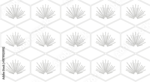 Geometric hexagonal pattern with stylized agave plants, minimalist design, light gray and white background, abstract botanical texture