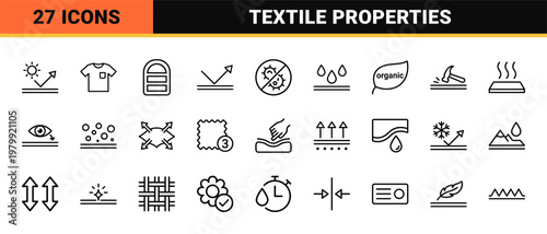 Minimalist fabric features and textile property line icon set