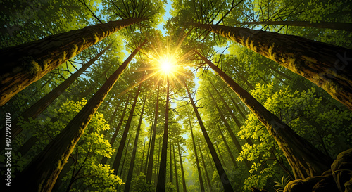 Sunlight streaming through a dense forest canopy creating a radiant glow