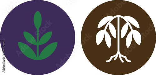 Two circular icons featuring stylized green leaves and a white plant with visible roots for ecology