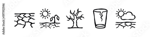 Hand-Drawn Drought and Thirst Icons: Cracked Earth, Dry Plant, Glass