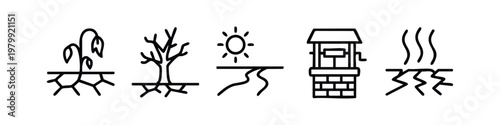 Drought and Aridity Icons: Cracked Ground, Dying Plant, Well, Sun