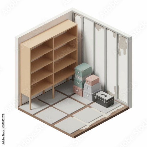 Empty Storage Unit with Shelving and Boxes.