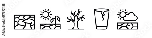 Drought and Thirst Icons: Cracked Ground, Dry Plant, Water Glass