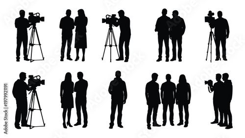 A collection of black silhouettes depicting various scenes of reporters interviewees and camera operators at work high quality professional detailed modern