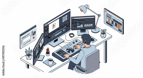 Professional Video Editor and Colorist Working at a Multi-Monitor Workstation in Post-Production Studio Isometric Illustration