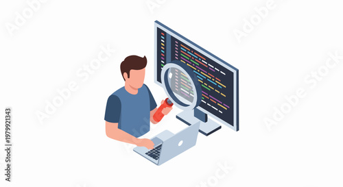 Isometric Software Developer Debugging Code with Magnifying Glass - Professional QA Testing and Programming Illustration