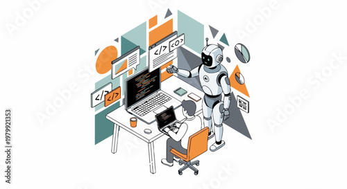 Isometric AI Software Development Illustration: Human Developer and Robot Collaborating on Coding, Pair Programming, and Artificial Intelligence Integration