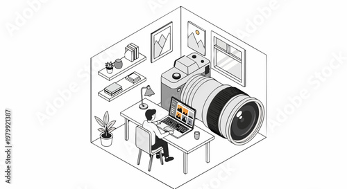 Isometric Illustration of a Professional Photographer Editing Photos on a Laptop in a Creative Workspace with a Giant Camera Concept