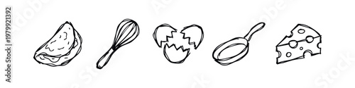 Hand-drawn icons of cooking ingredients and utensils.