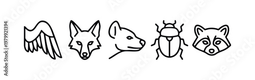 Simple line drawings of various animals and a bird's wing.
