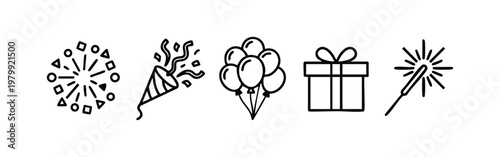 Simple line art icons for party and celebration elements.