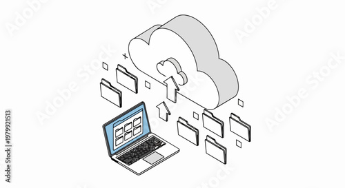 Cloud Computing and Data Backup Isometric Illustration with Laptop, File Folders, and Cloud Upload Icons