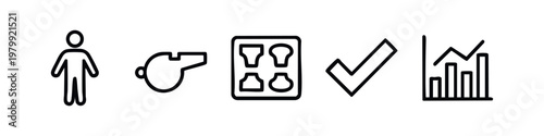 Clean line art icons related to business, management, and strategy.