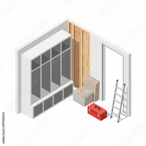 Home renovation construction interior with storage and tools.