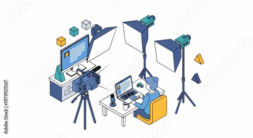 Professional Isometric Video Production Studio Illustration with Vlogger, Camera, and Softbox Lighting