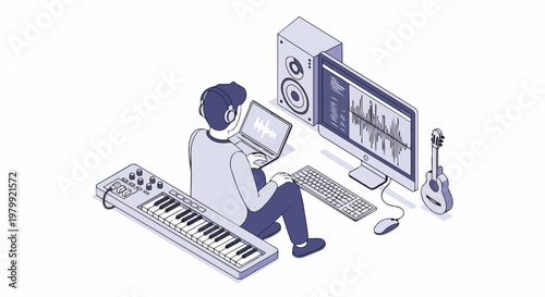 Isometric Music Production Illustration: Composer Working in Home Studio with Digital Audio Workstation, MIDI Keyboard, and Sound Engineering Equipment on White Background
