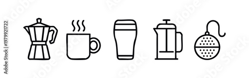 Icon Set: Moka Pot, Coffee Mug, Beer Glass, French Press, Tea Infuser