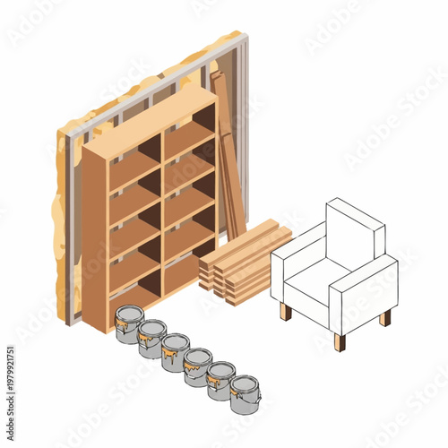 Home Renovation Project With Furniture and Building Materials.