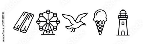 Icon Set: Wooden Planks, Ferris Wheel, Seagull, Ice Cream Cone, Lighthouse