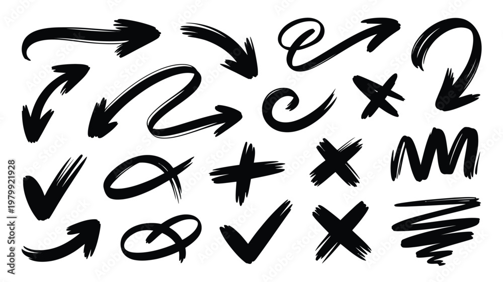 Αυτοκόλλητο Collection of hand drawn black arrows checks and scribble style graphic elements