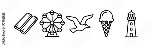 Summer beach and vacation line art icon set, includes ferris wheel, ice cream, seagull, lighthouse, and books.