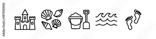 Summer beach and vacation line art icon set, featuring sandcastle, seashells, bucket, shovel, waves, and footprints.