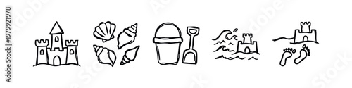 Hand-drawn summer beach activity doodle icons, including sandcastle, seashells, bucket, shovel, waves, and footprints.