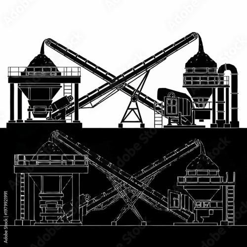 Industrial aggregate processing plant with conveyor belts and silos.