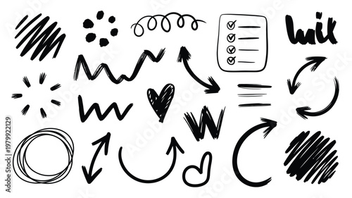 A collection of hand drawn doodle elements and scribbles in black and white