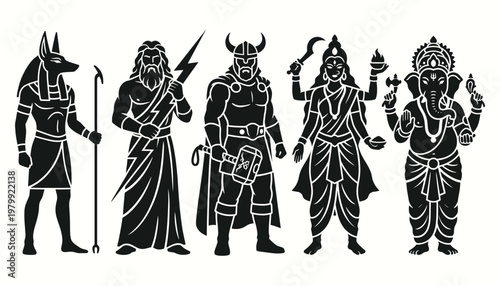 Diverse mythological gods and deities vector silhouette collection