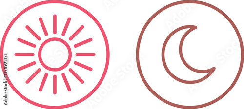 Bright yellow sun and crescent moon icons representing day and night cycle for interface weather apps