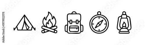 Camping and outdoor essentials line art icon set, with tent, campfire, backpack, compass, and lantern.