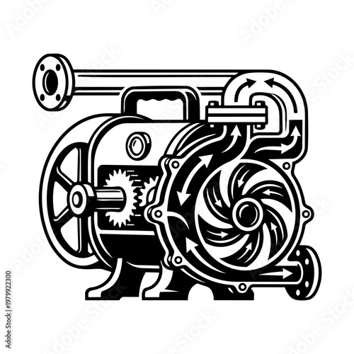 Black and White Cutaway Geared Hand Crank Water Pump Diagram Vector Icon