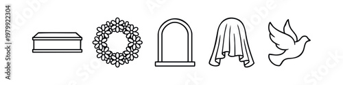 Funeral and Memorial Service Line Icon Set with Casket Wreath Tombstone and Dove