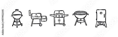 Barbecue Grills and Smokers Hand Drawn Doodle Icon Set Collection