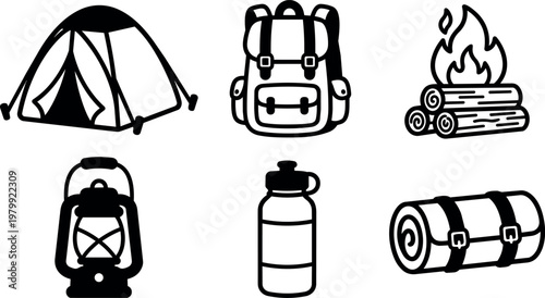 Black and white line art camping tent backpack campfire lantern water bottle and sleeping bag icons