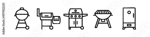 Barbecue Grill and Smoker Outline Icon Set for Cooking and Outdoor Events