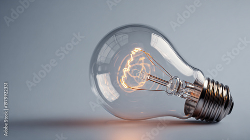 a single glowing light bulb resting on a clean neutral surface.