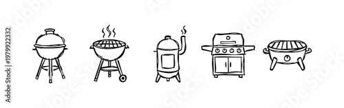 Outdoor BBQ Cooking Equipment Hand Drawn Sketch Doodle Icons