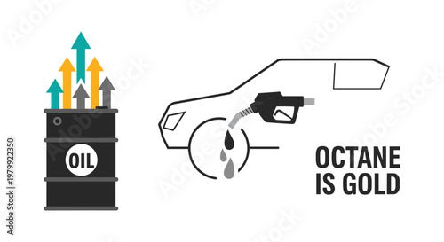 Fuel price increase oil barrel with rising arrows next to car gas tank in simple line art for finance news