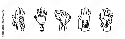 Robotic and Cybernetic Hands Hand Drawn Doodle Icon Collection