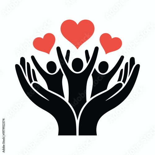 Silhouettes of people with raised arms supporting three red hearts