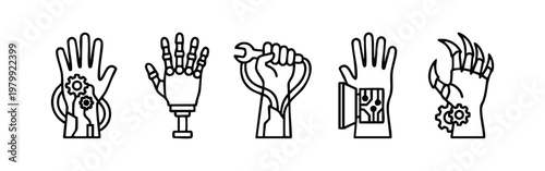 Bionic and Robotic Prosthetic Hands Outline Icon Set for Technology Design