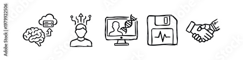 Digital Mind and Futuristic Technology Hand Drawn Sketch Icons